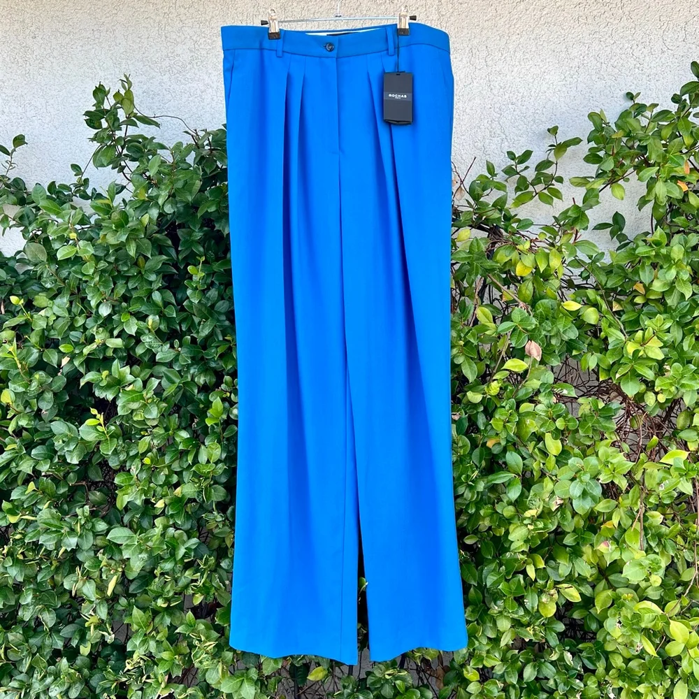 Rochas Wool Trousers Royal Blue Wide Leg Pleated Pants Size 48 US 12 X Large NWT